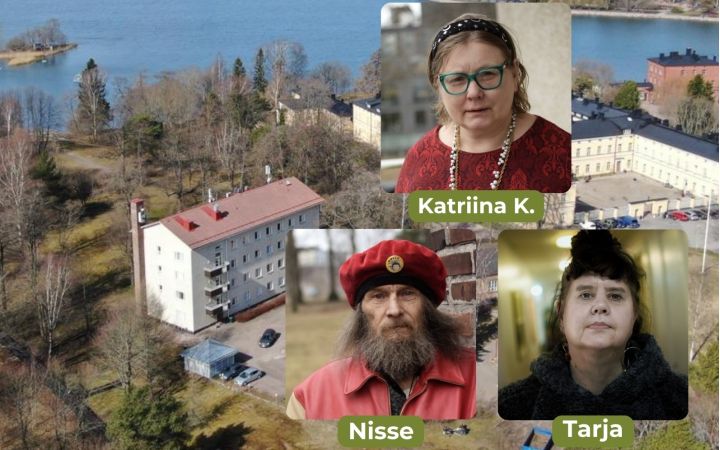 Taustalla on ilmakuva Lapinlahden puistoalueesta. Kuvan päällä on kasvokuvat kolmesta henkilöstä.