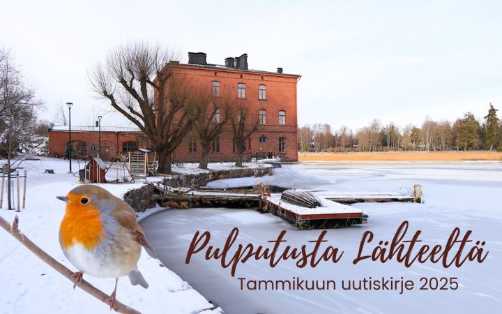 Kuvassa tiilinen Venetsia-rakennus merenlahden rannassa, jäätä ja pikkulintu.