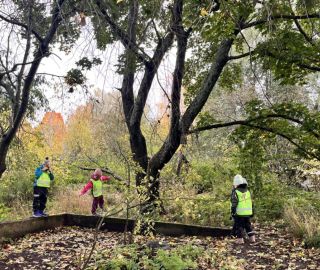 Lapsia keltaiset liivit päällä luonnossa liikkumassa.