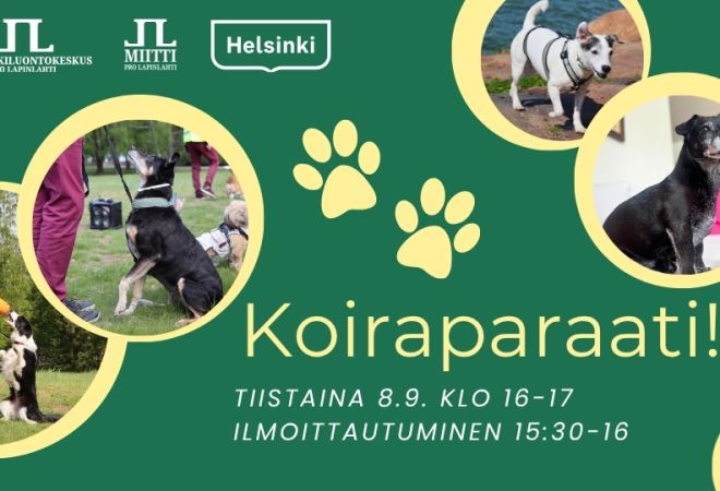 Koiraparaati kansikuva jossa ylhäällä vasemmalla logot, alhaalla oikealla tapahtuman lyhyet tiedot. Vihreä tausta jossa keltaisia ympyröitä joiden sisällä neljä eri koiraa Lapinlahdesta