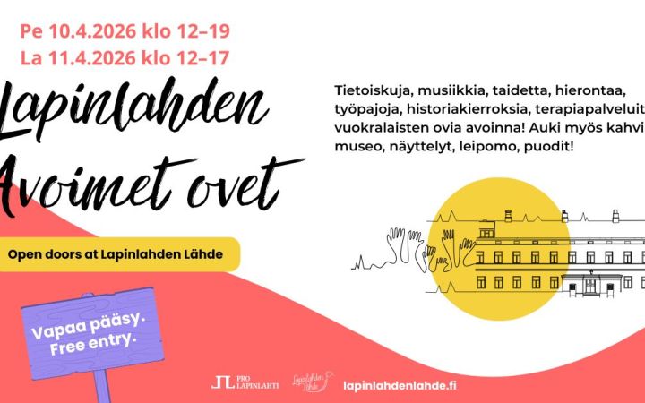 Valko-punaisella taustalla pyöreä pallo ja rakennuksen ääriviivat.