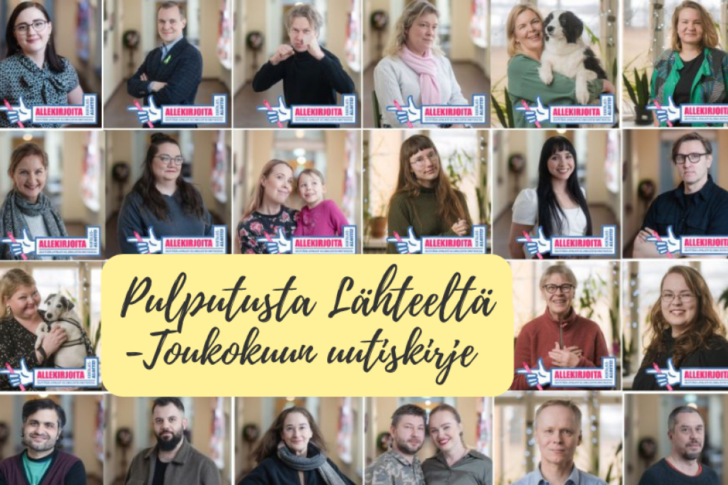 Toukokuun uutiskirje. Kuvassa on 13 "allekirjoita kuntalaisaloite" -henkilökuvaa