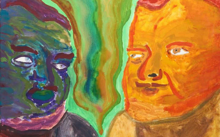 Värikäs kuva, kaksi miestä, oranssi, punainen, vihreä