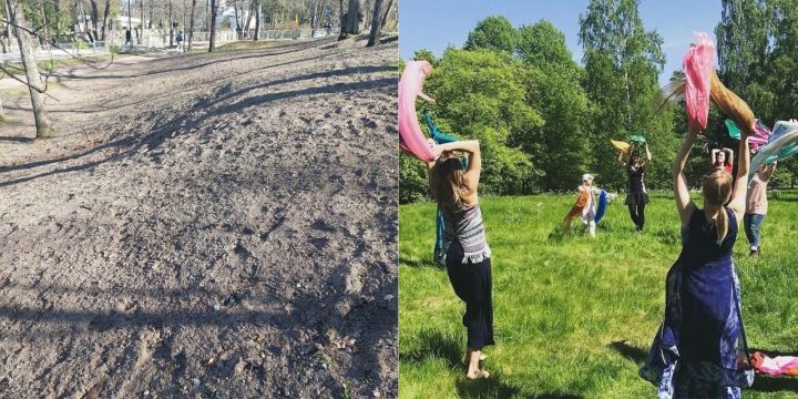 Ennen- ja jälkeen-kuvat lehmuskujan itäpuolella sijaitsevalta hyvitysalueelta. Ennen-kuvassa on ihmisiä tanssimassa nurmikolla. Jälkeen-kuvassa on ruskeanharmaata multaa ja soraa.