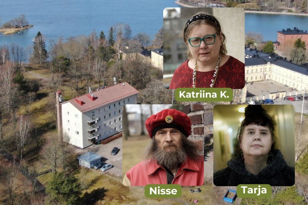 Taustalla on ilmakuva Lapinlahden puistoalueesta. Kuvan päällä on kasvokuvat kolmesta henkilöstä.