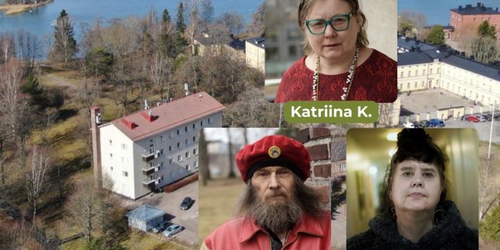 Taustalla on ilmakuva Lapinlahden puistoalueesta. Kuvan päällä on kasvokuvat kolmesta henkilöstä.