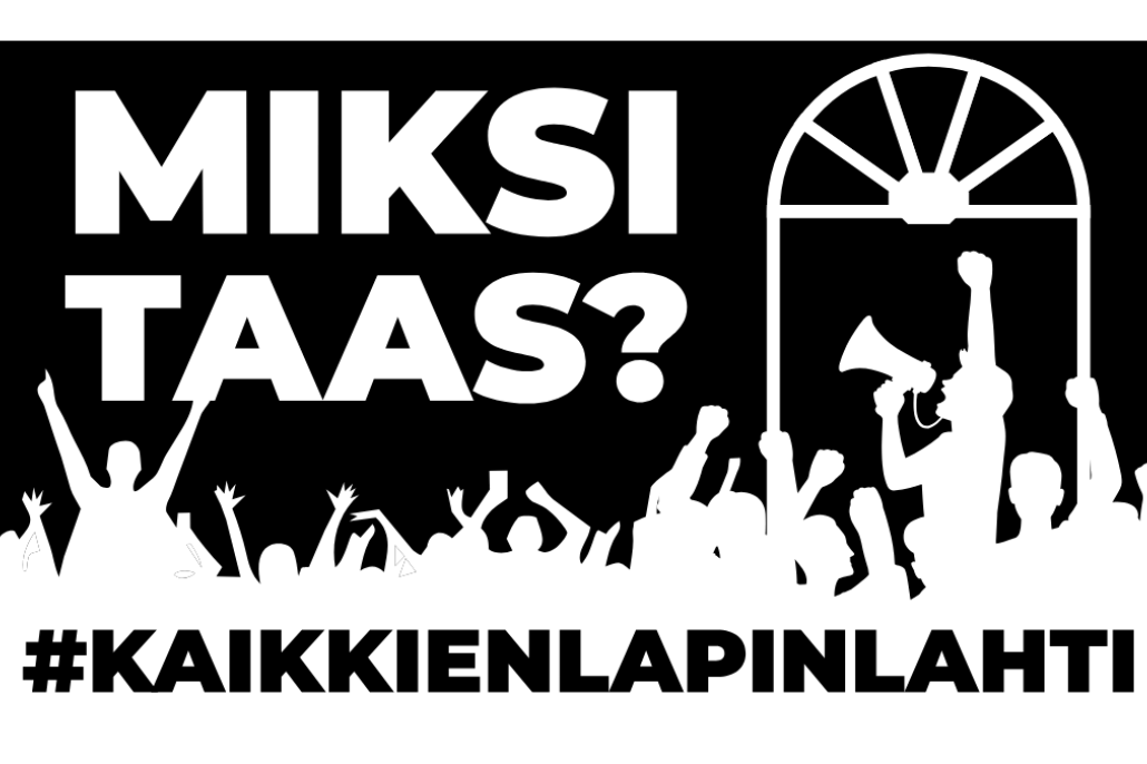 Kuvassa teksti MIKSI TAAS? ja joukko hahmoja megafonin kanssa Engel-tyylisen ikkunan alla.