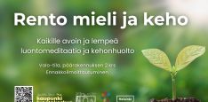 Rento mieli ja keho-tapahtuman kansikuva, jossa logot ja infot. Taustalla kasvin taimi kasvamassa mullasta vihreää taustaa ja aurinkoa vasten