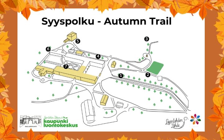 Syyspolku event picture with logos, the map of Lapinlahti park with the crosspoint markings. Dark orange frame with autumn leaves