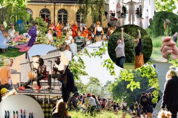 Kollaasi, jossa kuvia musiikki- ja liikuntatapahtumista sekä viljelypalstan porkkanasta.