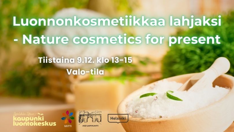 Luonnonkosmetiikkaa lahjaksi event cover picture with infos and logos. Background is a jar with bath salts, spa background