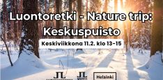 Luontoretki Nature trip Keskuspuisto tapahtuman aika ja logot. Taustakuva on Helsingin keskuspuistosta luminen maisema jossa puita ja aurinkoa