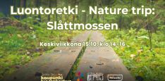 Luontoretki - Nature trip: Slåttmossen event cover with info and logos. Background is duckboards in some green nature area