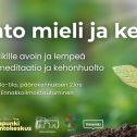 Rento mieli ja keho-tapahtuman kansikuva, jossa logot ja infot. Taustalla kasvin taimi kasvamassa mullasta vihreää taustaa ja aurinkoa vasten