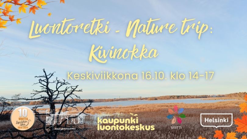 Luontoretki - Nature trip: Kivinokka event info and logos. Background is Ilona Rautiainen's photo of Kivinokka bird watching site, showing wide scenery of Vanhakaupunginlahti, water and reeds