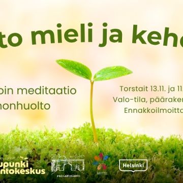 Rento mieli ja keho 2h event cover picture with infos and logos. Background is a sprout growing from moss with yellow light background