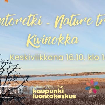 Luontoretki - Nature trip: Kivinokka event info and logos. Background is Ilona Rautiainen's photo of Kivinokka bird watching site, showing wide scenery of Vanhakaupunginlahti, water and reeds