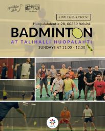 Let’s gather around and play some badminton together with people from around the world!

IMPORTANT! Spots are limited, so make sure you reserver yours through Meetup (link in bio)! 
Events are posted for two weeks at a time to ensure everyone getting a chance to join the group 🏸

We will play in Talihalli Huopalahti from 11-12.30
Court numbers are 9-12; you can come directly to the courts or meet us at the entrance a bit before 11.00.

MIITTI welcomes everyone to its events regardless of background or gender. You don’t have to have any skills at all to come and play with us, and if you do, please come and coach us!
Age limit: 16+

Event is free, but please bring your rackets and indoor shoes, or you can rent (racket) from the hall for 3€ each.

After badminton, we’ll enjoy Talihalli’s sauna and maybe go to a local restaurant to grab some lunch after the game.

Warm welcome!

For questions and more information, please contact Alaa 040 5656096