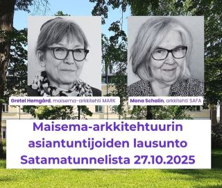 Kaksi naisen kuvaa ja puistoa sekä teksti Maisema-arkkitehtuurin asiantuntijoiden lausunto