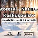 Luontoretki Nature trip Keskuspuisto tapahtuman aika ja logot. Taustakuva on Helsingin keskuspuistosta luminen maisema jossa puita ja aurinkoa