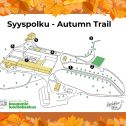 Syyspolku event picture with logos, the map of Lapinlahti park with the crosspoint markings. Dark orange frame with autumn leaves