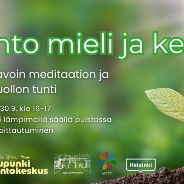Rento mieli ja keho event cover picture for September 2025 with info and logos. Background is a sprout growing in nature