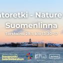 Luontoretki Nature trip Suomenlinna tapahtuman kansikuva jossa infot ja logot. Taustakuva on Suomenlinna talvella merellä ja iltataivas