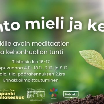 Rento mieli ja keho cover picture for November and December. Infos and logos, background is a plant sprout rising from dirt, green light background