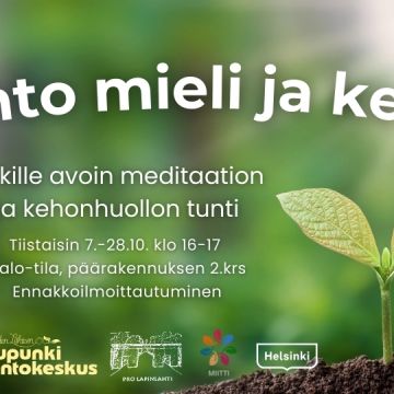 Rento mieli ja keho october event cover, info and logos. Background is a sprout growing in green background and light