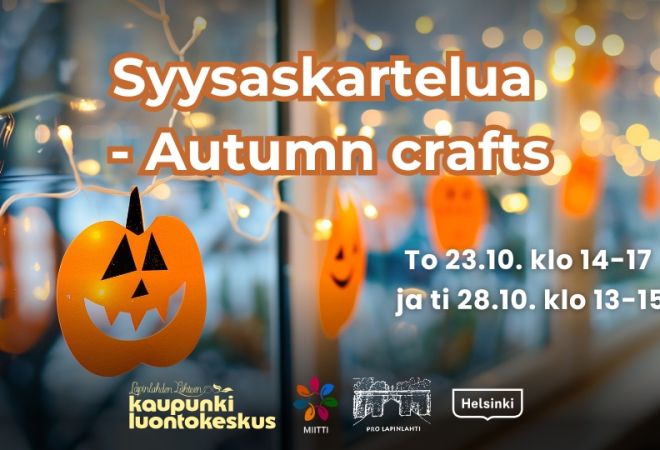 Syysaskartelua - Autumn crafts event picture with infos and logos. Background is orange cardboard pumpkin decorations hanging on a window with lights