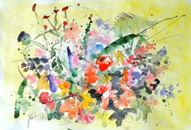 Kukkia vaaleanvihreällä taustalla.