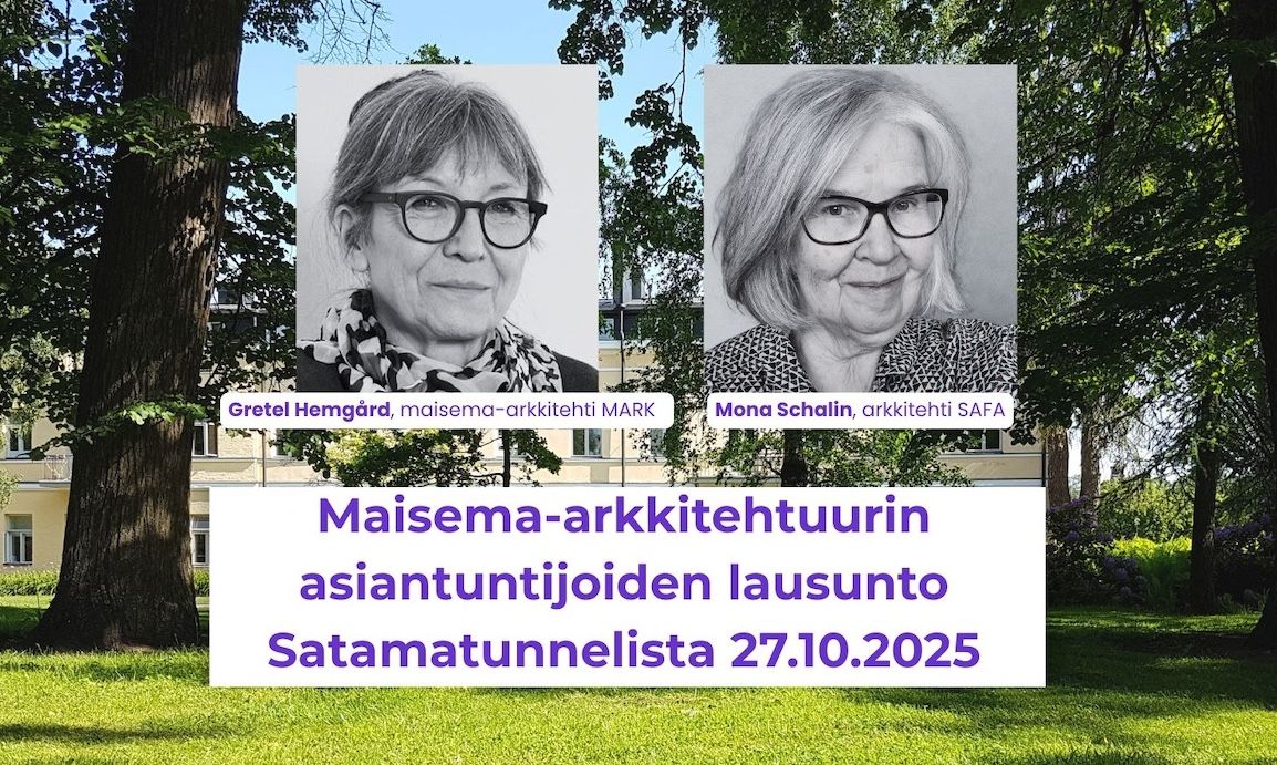 Kaksi naisen kuvaa ja puistoa sekä teksti Maisema-arkkitehtuurin asiantuntijoiden lausunto