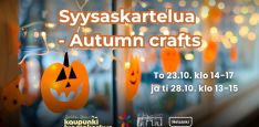 Syysaskartelua - Autumn crafts event picture with infos and logos. Background is orange cardboard pumpkin decorations hanging on a window with lights
