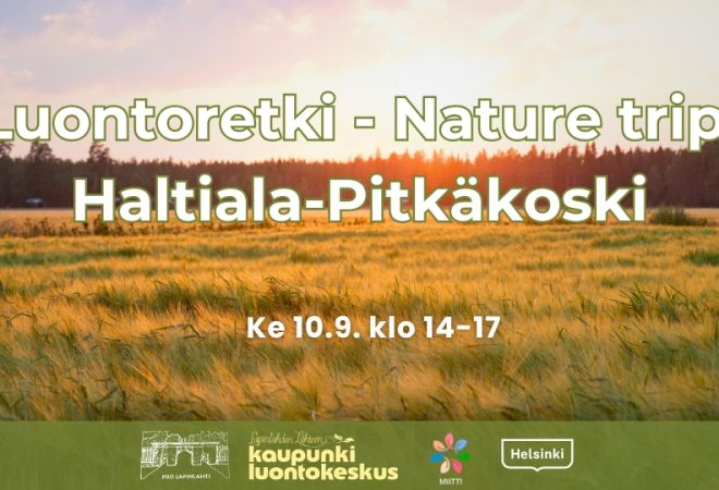 Luontoretki - Nature trip: Haltiala-Pitkäkoski event cover picture with times and logos. Background is a field in sunset in some Finnish place