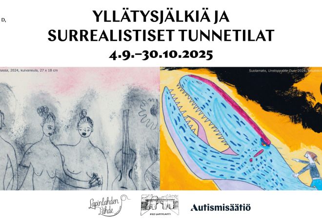 Kuvassa ihmishahmoja ja dinosaurus