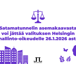 Rakennuksia, liito-orava, puita ja perhonen piirrettyinä.