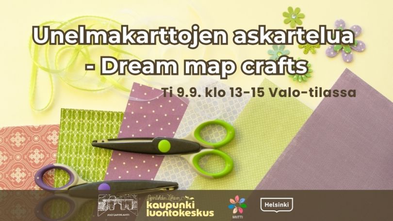 Unelmakarttojen askartelua event cover picture with time and logos. Background is colorful cardboard, scissors and other craft materials