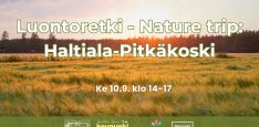 Luontoretki - Nature trip: Haltiala-Pitkäkoski event cover picture with times and logos. Background is a field in sunset in some Finnish place