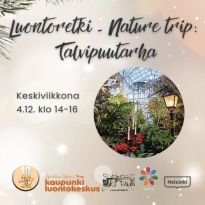 Kaupunkiluontokeskuksen vuoden viimeiset tapahtumat:

- Toimintatiistait - Tuesday activities: Unelmakartat, tiistaina 3.12. klo 13-16 Valo-tilassa, voi tulla vapaasti
- Rento mieli ja keho, tiistaina 3.12. klo 16-17 Valo-tilassa, TÄYNNÄ mutta voi vapautua paikkoja
- Luontoretki - Nature trip: Talvipuutarha, keskiviikkona 4.12. klo 14-16, ennakkoilmoittautuminen 
- Torstain Hyvinvointitreenit, vielä kolme torstaita 5.12., 12.12. ja 19.12. klo 13-17 Valo-tilassa, voi tulla vapaasti tai ilmoittautua ohjaaja Tainalle
- Saippuaa lahjaksi - Soaps for present, maanantaina 9.12. klo 14-17 Osasto5, ennakkoilmoittautuminen ja 10€ materiaalimaksu paikan päällä
- Maalaus ja meditaatio - Paint and meditate, keskiviikkona 11.12. klo 13-17 Valo-tilassa, ennakkoilmoittautuminen ja 2€ materiaalimaksu paikan päällä
- Hellitä vähän! -polku Lapinlahden puistossa, omatoiminen polku 2.12.24-28.2.2025

Kaikki tapahtumat löydät nettisivuiltamme (linkki biossa) ja Facebookista. Jatkamme toimintaa myös ensi vuonna joululomien jälkeen 😊 Ensimmäisenä starttaa Rento mieli ja keho tiistaina 14.1.2025.

Kaupunkiluontokeskus on osa @prolapinlahtiry toimintaa ja yhteistyössä mukana myös @lapinlahdenlahde @miitti1 @kahvilalahde @kulttuuriyhteyspistekuje 

#lapinlahtionkaikkien #lapinlahdenluontokeskus #kaupunkiluontokeskus #prolapinlahti #luontotoiminta #lapinlahdenlähde #luonnostavoimaa
