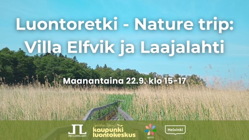Luontoretki - Nature trip: Villa Elfvik ja Laajalahti event title, info and logos. Background is a common reed scenery from Villa Elfvik area with duckboards