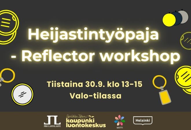 Heijastintyöpaja - Reflector workshop event info and logos. Background is blackish color with some reflective ornament graphics in yellow
