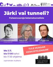 Upea uusi ohjelmistolisäys maanantain 3.11. Järki vai tunneli? -tapahtumaan! OTM Laura Kolehmainen on Lakiasiaintoimisto Maailman toimitusjohtaja ja toinen perustaja. 

Lakiasiaintoimisto Maailma on voittoa tavoittelematon toimija, joka ajaa ympäristön ja ympäristöaktivistien asiaa oikeusteitse. Lakiasiaintoimiston ensimmäistä oikeudenkäyntiä, joka koski Stansvikin metsäkiistaa, on kuvattu historialliseksi ennakkotapaukseksi. Helsingin käräjäoikeus päätti, että aktivisteilla oli oikeus käyttää kansalaistottelemattomuutta lailla suojatun noron tuhoamisen estämiseksi. 

Kolehmainen käsittelee maanantain puheenvuorossaan kirvelilattakoita ja luonnonsuojelulakia.

Lisäksi mukana on kaksi erittäin tärkeää puheenvuoroa:

Arkkitehti SAFA Mona Schalin on vastikään saanut taiteen akateemikon arvonimen tasavallan presidentiltä tunnustuksena elämäntyöstään arkkitehtuurin alalla.

Schalin on korjausrakentamisen ja rakennettujen kulttuuriympäristöjen suojelun asiantuntija. Hänen tunnetuin työnsä on Helsingin Käpylässä sijaitsevan Käärmetalon peruskorjaus, joka sai Arkkitehtuurin Finlandia -palkinnon vuonna 2018. 

Maanantaina Schalin kertoo, millaisia kulttuuriperintöarvoja Lapinlahden puistoon liittyy ja miksi sen suojeleminen rakentamiselta on tärkeää.

Panu Lehtovuori on Tampereen yliopiston yhdyskuntasuunnittelun teorian professori. Hän on kaupunkisuunnittelun, kestävän rakentamisen ja julkisen kaupunkitilan arvostettu asiantuntija. Taustaltaan hän on arkkitehti.

Lehtovuori kertoo maanantaina Satamatunneli-hankkeen suhteesta kestävään rakentamiseen.

Tilaisuudessa on aikaa vapaalle keskustelulle ja kysymyksille. Tilaisuus alkaa klo 17 Lapinlahden Lähteen Auditoriossa.

Järjestäjät: Pro Lapinlahti mielenterveysseura ry, Helsingin luonnonsuojeluyhdistys