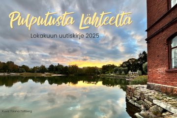 Aamuruskoa Lapinlahdessa merenrannassa, tiilirakennus ja ruskaisia puita.