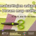 Unelmakarttojen askartelua - Dream map crafts event cover picture with infos and logos. Background is colorful cardboards and other materials with two scissors on top