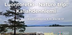Luontoretki - Nature trip: Kallahdenniemi event info and logos, background is Ilona Rautiainen's picture of Kallahdenniemi bay with a pine next to the sea view