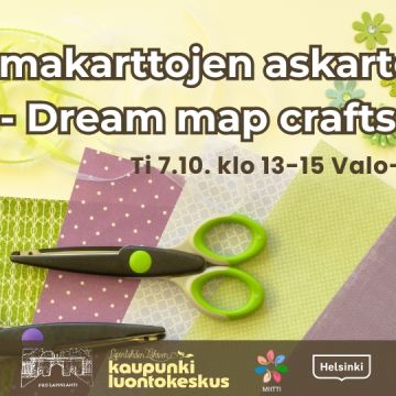 Unelmakarttojen askartelua event title and info and logos. Background is colorful cardboards, decorations and scissors