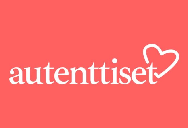 Valkoisella sana "Autenttiset" ja sydän, punaisella pohjalla.