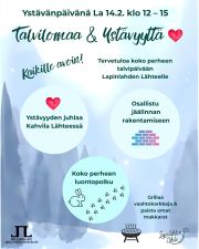 Tervetuloa Lapinlahden talvipäivään juhlimaan talviloman alkua sekä ystävänpäivää! 

Ohjelmassa mm. eläinpolku, työpajoja, tanssi- ja runoesitys sekä jäälinnan rakentamista! 🧊⛄️ (ohjeet jääpalikoiden rakentamiseen löydät swaippaamalla oikealle!)

Kahvila Lähde tarjoaa lounaan lapsille, jotka syövät aikuisen seurassa 🙌🏼

Lisäksi Galleria Kirjossa on muotokuvatyöpaja!

Tervetuloa nauttimaan mukavasta talvipäivästä Lapinlahteen! ❄️