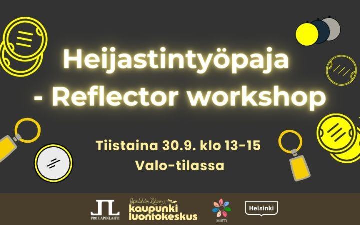 Heijastintyöpaja - Reflector workshop event info and logos. Background is blackish color with some reflective ornament graphics in yellow