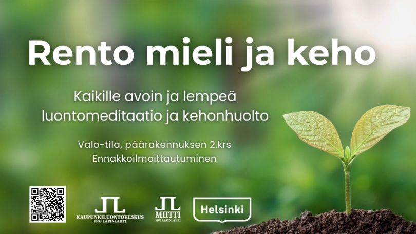 Rento mieli ja keho tapahtumien kansikuva vuodelle 2026. Kuvassa tapahtumatiedot ja uudet logot, ei päivämääriä. Taustakuvana mullasta nouseva taimi vihreällä taustalla ja auringonvalolla